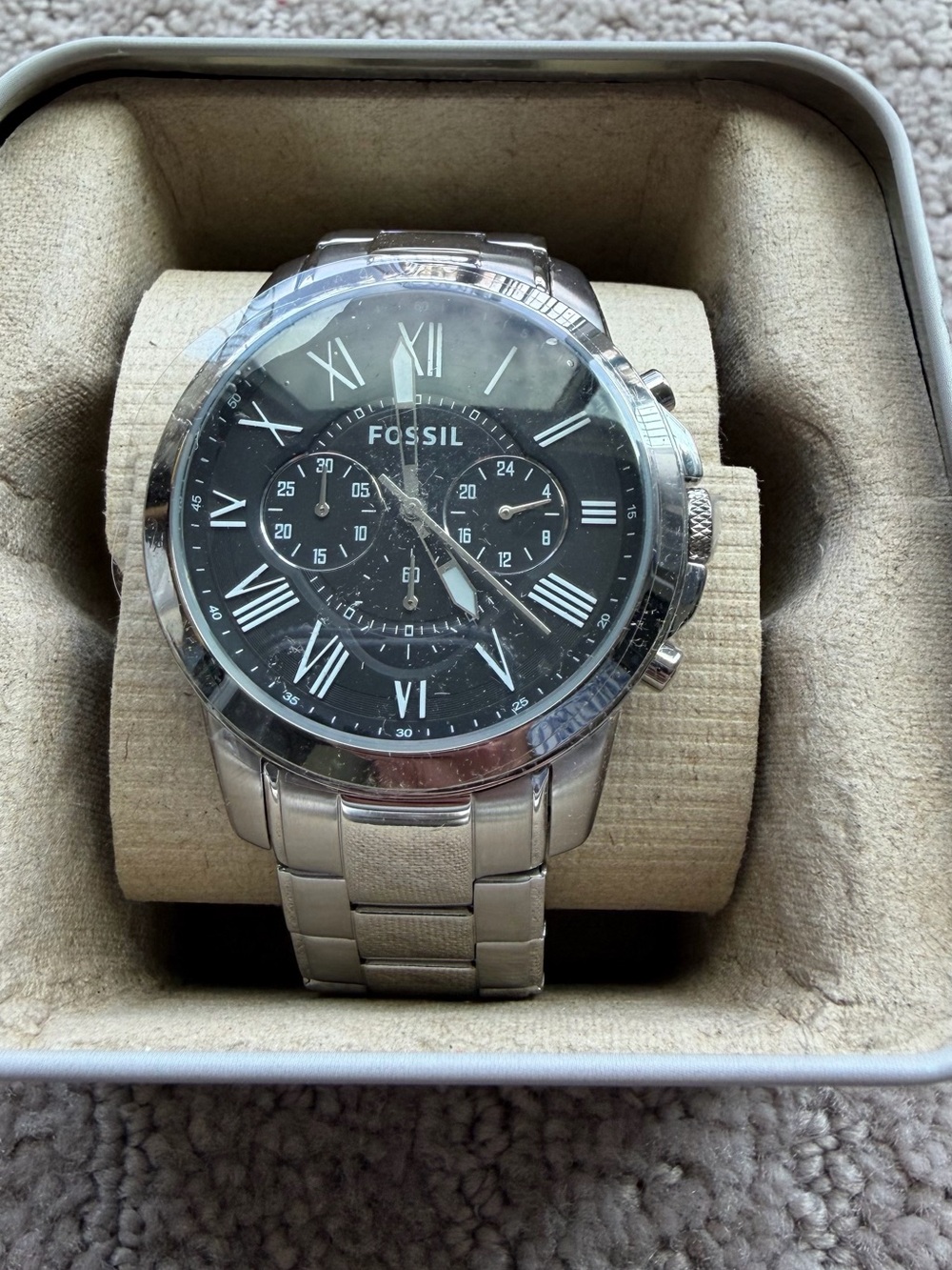 Fossil Silver Watch with Black Dial and Stainless Bracelet